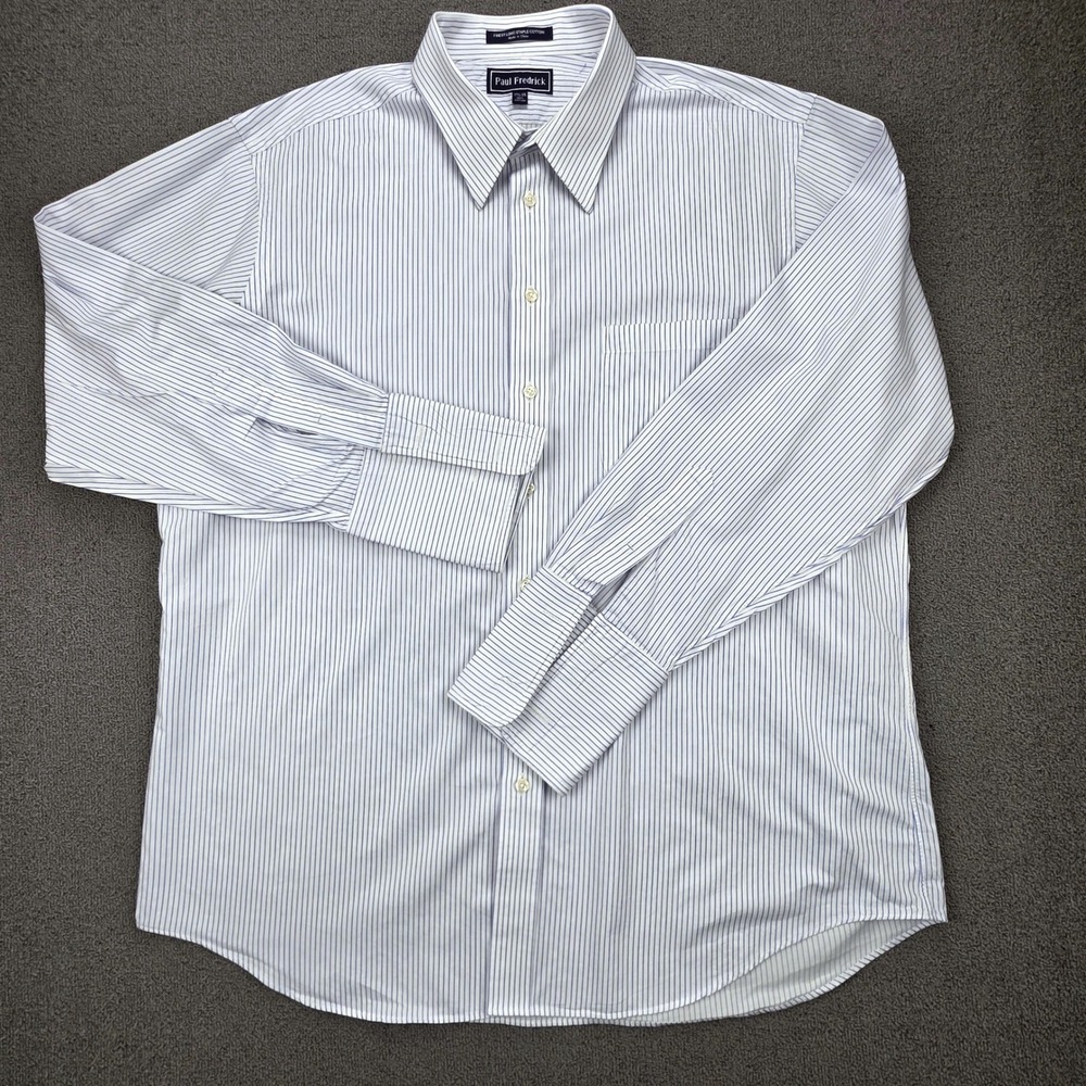 Paul Fredrick Mens Striped Button Down Shirt Blue White Cotton 17.5 35